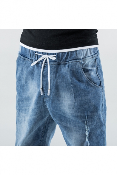Cool Light Blue Drawstring-Waist Elastic Cuff Stretch Slim Fit Guys Ripped Jeans