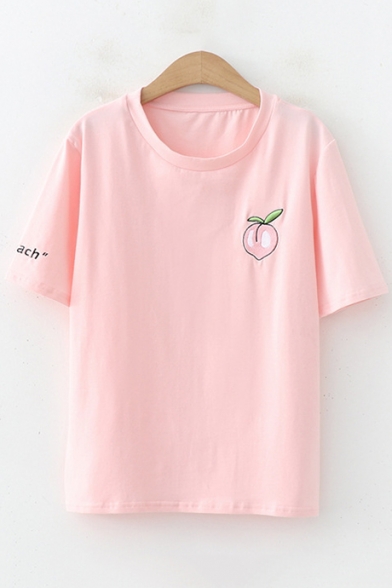 Cute Cartoon Peach Embroidered Short Sleeve Round Neck Cotton T-Shirt