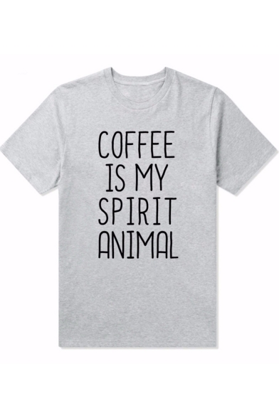 Fashion Letter COFFEE IS MY SPIRIT ANIMAL Printed Crewneck Short Sleeve Unisex Gray Pullover T-Shirt