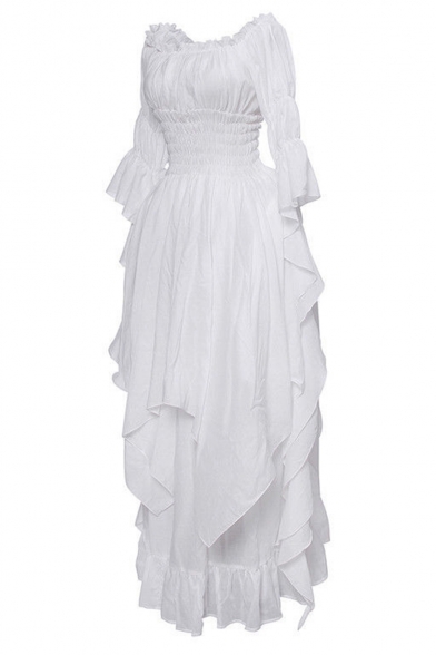Fashion Off The Shoulder Plain Ruffle Trimmed Flare Sleeve Maxi Asymmetrical Dress