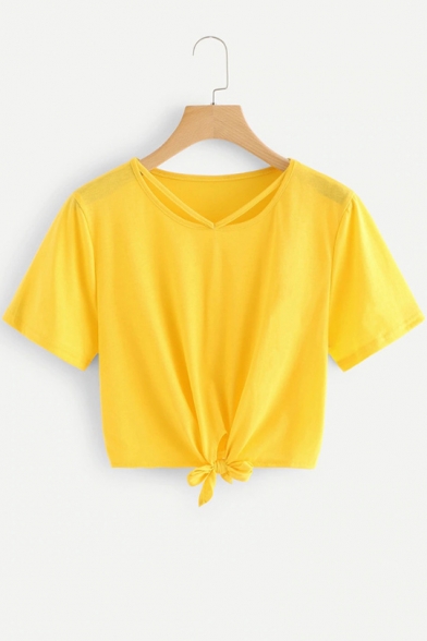 Fashion Solid Color Short Sleeve Tied Hem Cropped T-Shirt