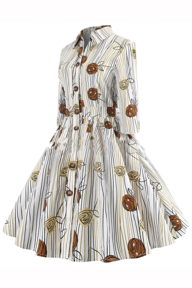 Fashion Striped Floral Print Lapel Single Breasted Three-Quarter Sleeve Bow Tied Back Cotton Midi Shirt Dress