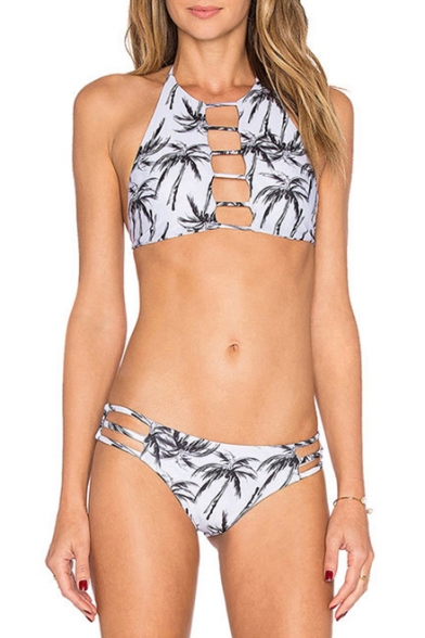 Fashion Tropical Coconut Palm Print Hollow Out Halter Tied Back Bikini Swimwear