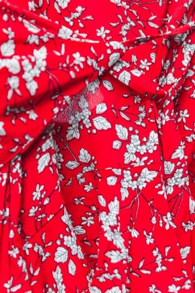 Fashion V-Neck Spaghetti Straps Floral Printed Tied Front Red Mini Slip Dress