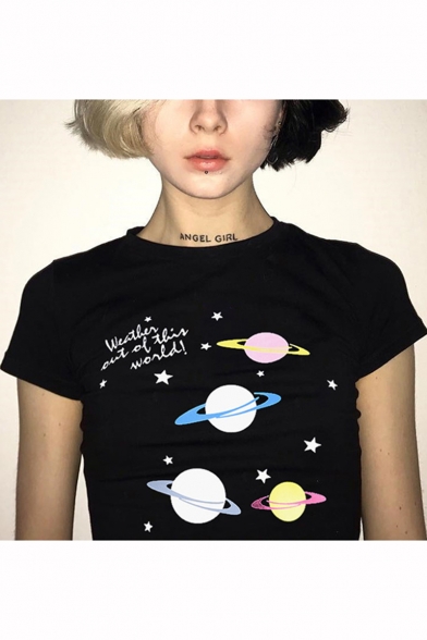 Girls Fancy Letter Planet Printed Short Sleeve Slim Fit Black Cropped T-Shirt
