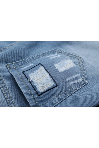 Guys Fashion Vintage Letter Patchwork Destroyed Ripped Jeans in Light Blue
