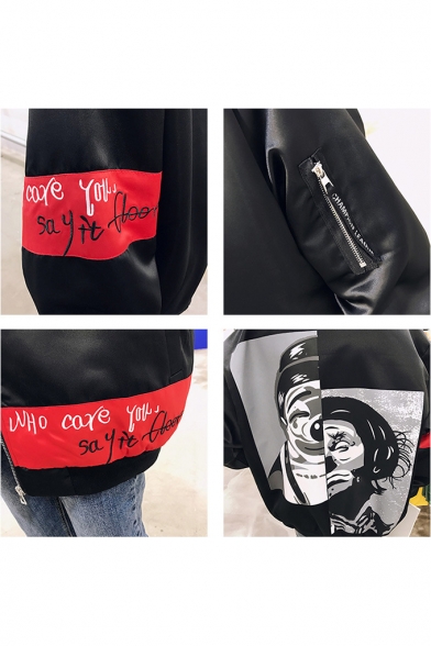 Guys Hip Hop Street Fashion Clown Back Letter Patched Stand-Collar Zip Closure Black Baseball Jacket