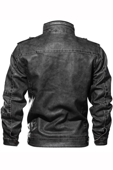 Guys Unique Cool Stand Collar Long Sleeve Retro Wash Zip Closure PU Biker Jacket
