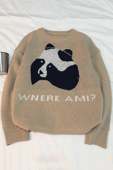 

Lovely Cartoon Panda Letter WHERE AM I Loose Casual Round Neck Pullover Sweater, Blue;red;khaki, LM511806