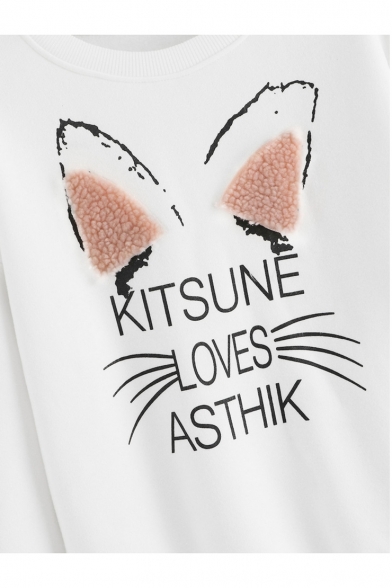 Lovely Cat Ear Fur Embellishing Letters KITSUNE LOVES ASTHIK Printed Long Sleeve White Sweatshirt