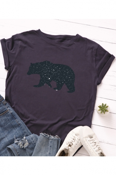 Lovely Galaxy Polar Bear Printed Round Neck Short Sleeve T-Shirt