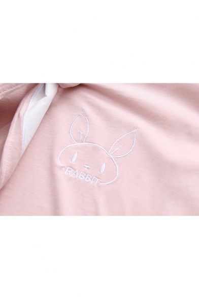 Lovely Rabbit Embroidery Tied Front Short Sleeve Casual Hood T-Shirt
