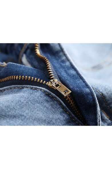 Men's Street Style Knee Cut Distressed Straight Fit Light Blue Biker Jeans