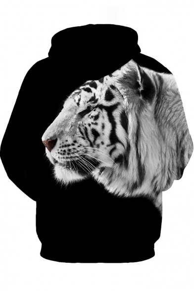 Mens Cool 3D Tiger Pattern Long Sleeve Black Drawstring Hoodi