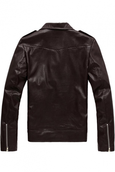Mens Cool Oblique Zip Fly Epaulet Notched Lapel Long Sleeve Plain Biker PU Jacket