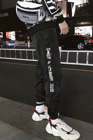 Mens Hip Hop Style Fashion Letter Side Tape Patched Drawstring-Waist Loose Casual Track Pants