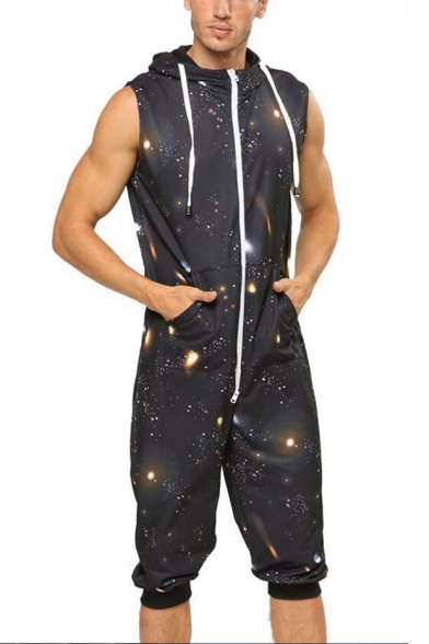 Mens Hot Popular Black Galaxy Printed Drawstring Hooded Sleeveless Lounge Home Wear Rompers Jumpsuits