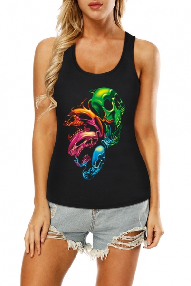 New Arrival Skull Printed Scoop Neck Sleeveless Hollow Out Back Sports Tank Top