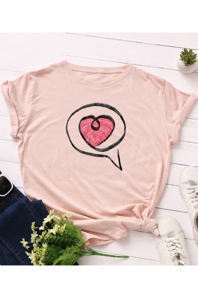 New Stylish Heart Printed Round Neck Basic Loose Cotton T-Shirt