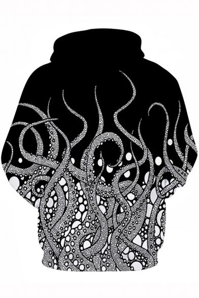 New Trendy 3D Octopus Printed Long Sleeve Casual Loose Black Hoodie