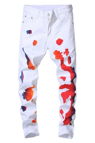 New Trendy Splashing-Ink Printed Rolled Cuff Stretch Fit White Jeans for Men