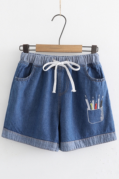 Pencil Barrel Embroidery Elastic Drawstring Waist Casual Denim Shorts