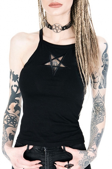Punk Style Five-Point Star Front Simple Plain Fitted Black Cami Top