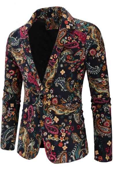 Retro Ethnic Floral Pattern Single Button Long Sleeve Mens Casual Linen Blazer Coat