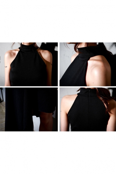 Sexy Black Halter Sleeveless Midi Asymmetric Dress for Party