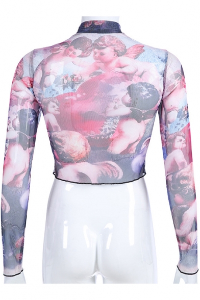 Sexy Transparent Mesh Mock Neck Long Sleeve Cupid Angel Printed Purple Cropped T-Shirt