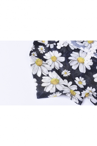 Stylish Allover Floral Printed Chinese Frogs Closure Button Short Sleeve Black Cropped T-Shirt