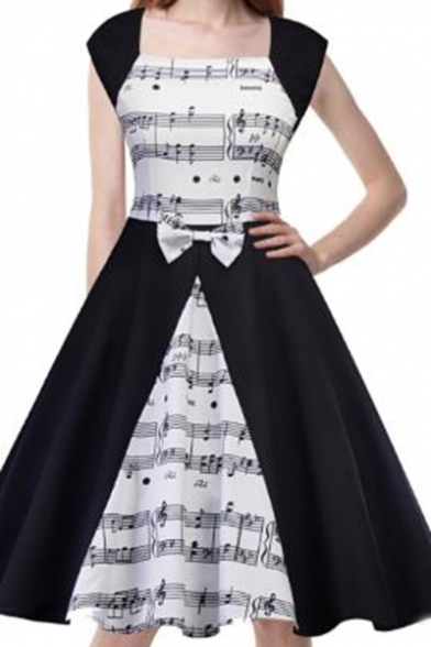 Stylish Contrast Note Printed Square Neck Bow Patch Black and White Midi Fit and Flared Dress
