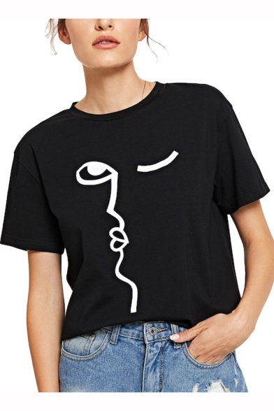 Summer Abstract Figure Face Printed Round Neck Short Sleeve Casual T-Shirt