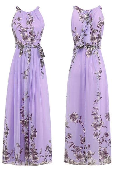 Summer Trendy Floral Printed Boho Style Halter Neck Belted Waist Maxi Dress