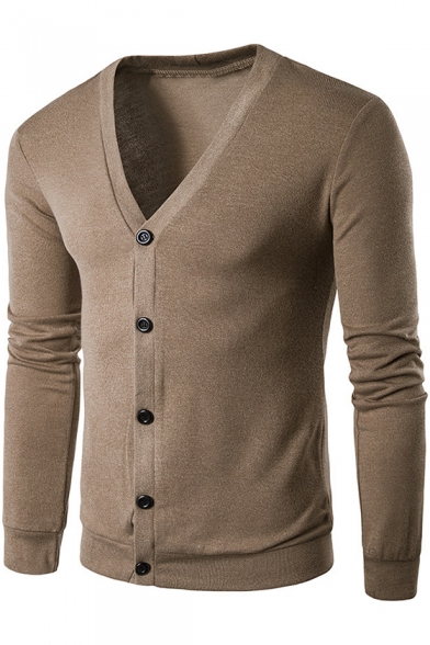 Trendy Solid Color Mens Basic V-Neck Button Front Fitted Cardigan