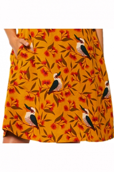Vintage Birds Floral Printed Sleeveless Yellow Cotton and Linen Midi Tank Dress