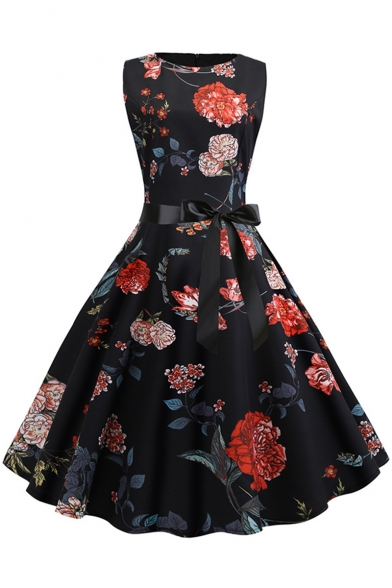 Vintage Floral Print Round Neck Sleeveless Bow-Tied Waist Black Midi Flare Dress