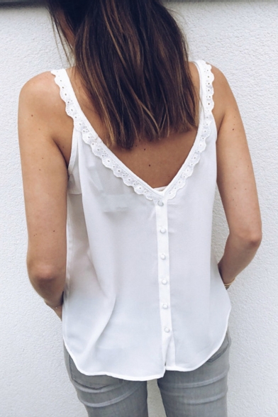 Women Summer Lace-Trim Solid Sleeveless Multiple-Way Button Up Tank Tops