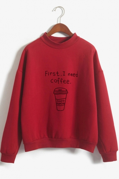 Cartoon Coffee Letter Pattern Long Sleeve Mock Neck Loose Sweatshirt
