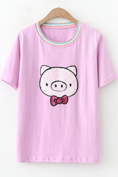 Cartoon Cute Sequins Pig Round Neck Short Sleeve Casual T-Shirt