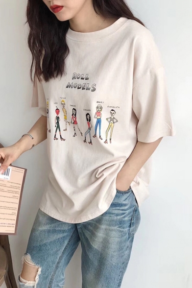 Cartoon Figure Letter ROLL MODELS Printed Short Sleeve Round Neck Casual T-Shirt