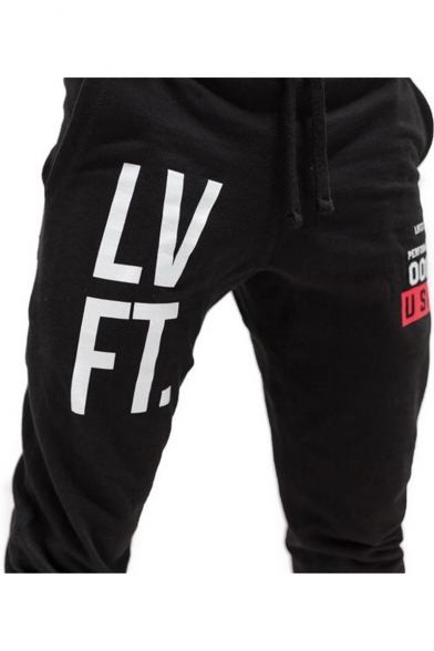 Cool Letter LVFT Printed Drawstring Waist Breathable Leisure Sport Black Cotton Sweatpants for Men