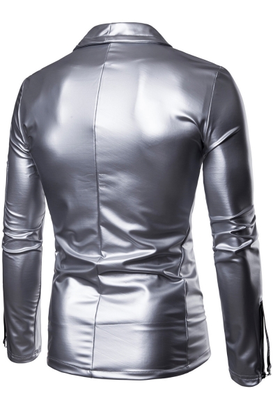 Cool Solid Zipper Embellish Shawl Collar Long Sleeve Open Front Slim PU Blazer Jacket for Men
