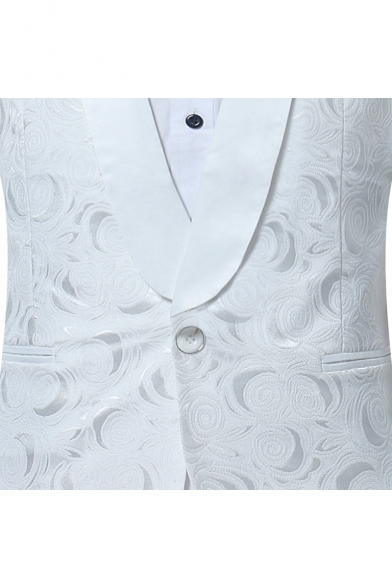 Fancy Floral Pattern Long Sleeve Shawl Collar Single Button White Blazer Tuxedo Suit for Men
