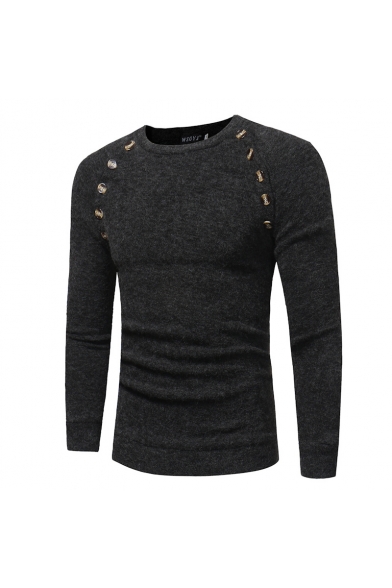 Fashion Button Patched Round Neck Long Sleeve Mens Plain Slim Sweater