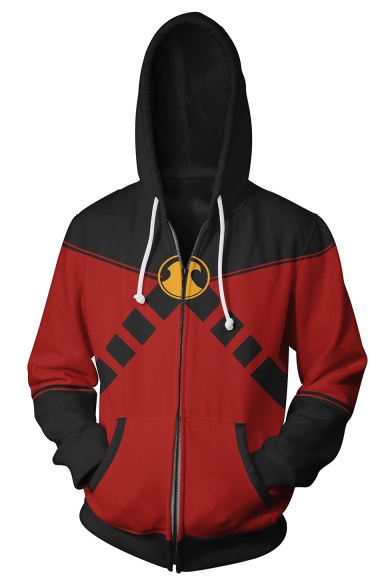 Fashion Comic Colorblocked Cosplay Costume Black and Red Long Sleeve Zip Up Hoodie