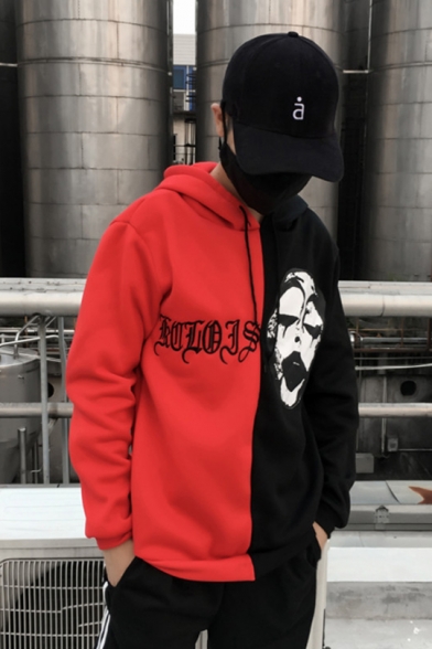 Fashion Embroidery Letter Clown Printed Long Sleeve Red and Black Unisex Sport Loose Casual Hoodie