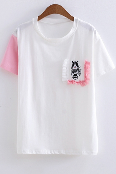 Fashion Letter Cat Embroidered Round Neck Short Sleeve Colorblock Lace Patch Loose Relaxed T-Shirt