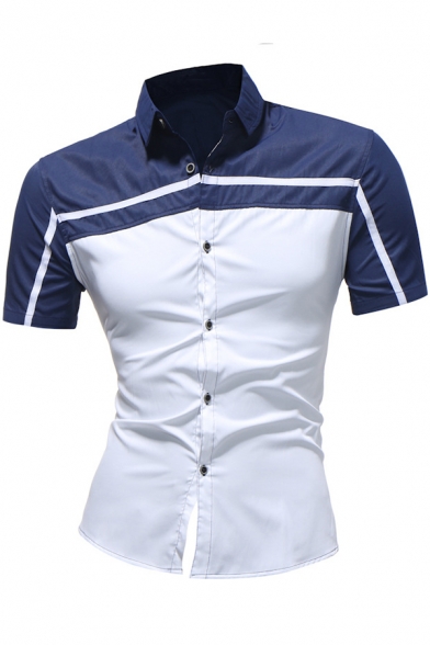 Guys Fashion Color Block Patchwork Short Sleeve Slim Button-Front Shirt