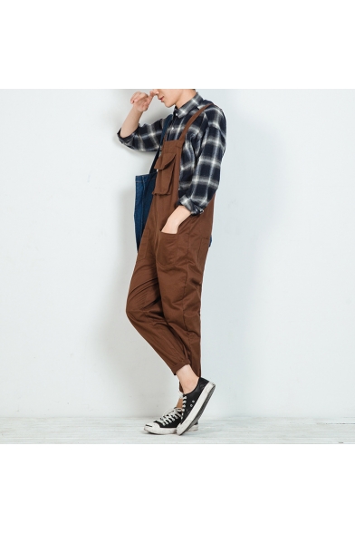 Guys New Fashion Hip Hop Style Rolled Cuff Solid Color One Piece Suspender Overalls